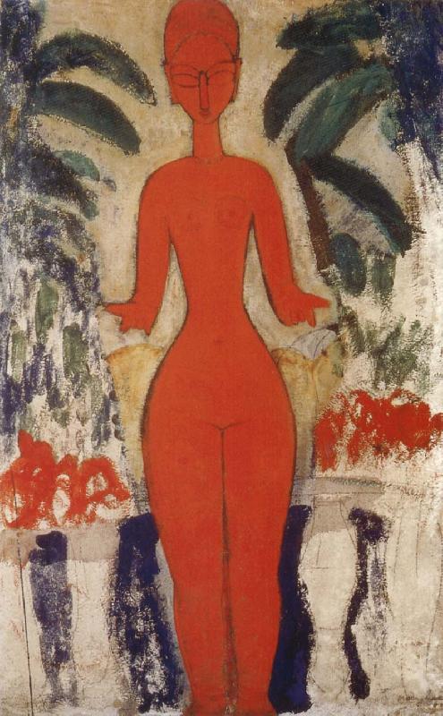Amedeo Modigliani Standing nud with Garden Background